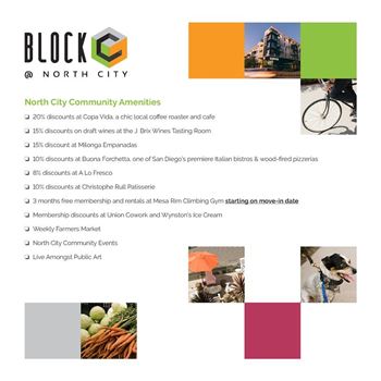 A flyer for Block North City Community Amenities with various discounts and offers listed.